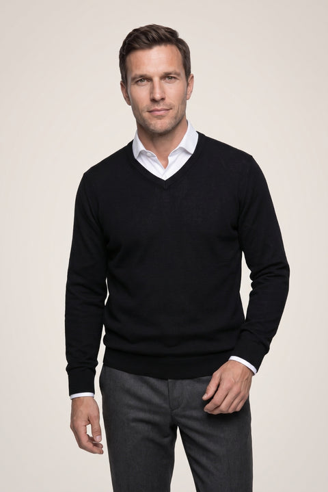 Black V-Neck Regular Fit Warm Wool Knit Sweater