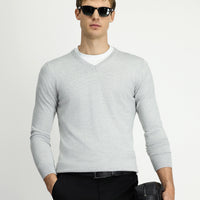Açık Gri Melanj V Yaka Regular Fit Sıcak Tutan Yünlü Triko Kazak