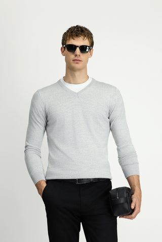  Açık Gri Melanj V Yaka Regular Fit Sıcak Tutan Yünlü Triko Kazak