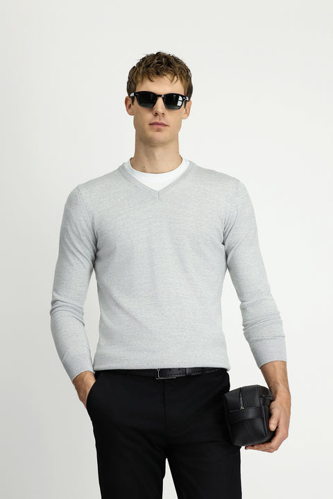 Açık Gri Melanj V Yaka Regular Fit Sıcak Tutan Yünlü Triko Kazak