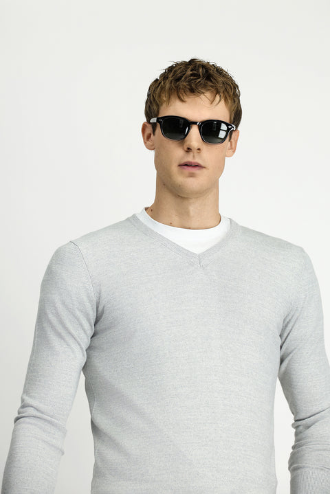 Açık Gri Melanj V Yaka Regular Fit Sıcak Tutan Yünlü Triko Kazak