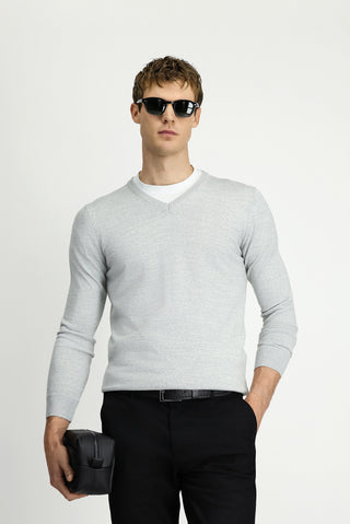  Açık Gri Melanj V Yaka Regular Fit Sıcak Tutan Yünlü Triko Kazak