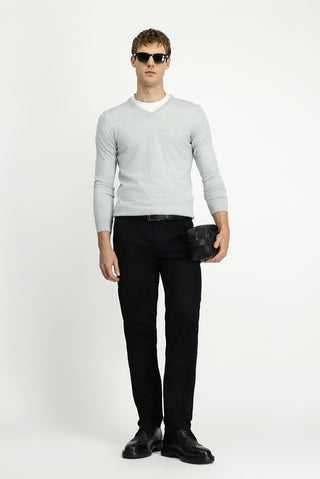  Açık Gri Melanj V Yaka Regular Fit Sıcak Tutan Yünlü Triko Kazak