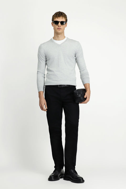 Açık Gri Melanj V Yaka Regular Fit Sıcak Tutan Yünlü Triko Kazak