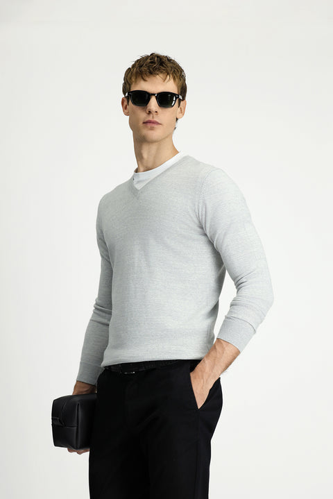 Açık Gri Melanj V Yaka Regular Fit Sıcak Tutan Yünlü Triko Kazak