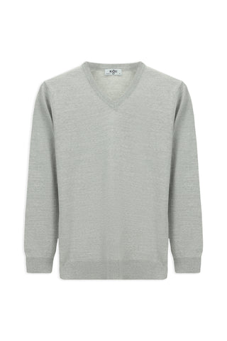  Açık Gri Melanj V Yaka Regular Fit Yünlü Örme Triko Kazak