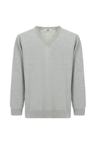  Açık Gri Melanj V Yaka Regular Fit Yünlü Örme Triko Kazak