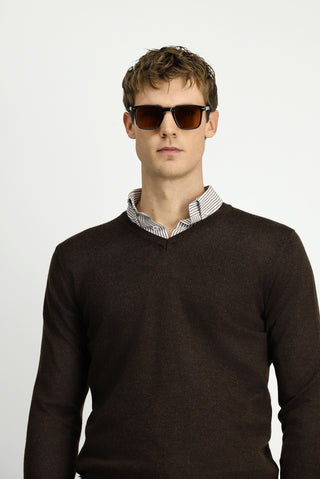  Koyu Kahve Melanj V Yaka Regular Fit S?cak Tutan Yünlü Triko Kazak-Ki??l?