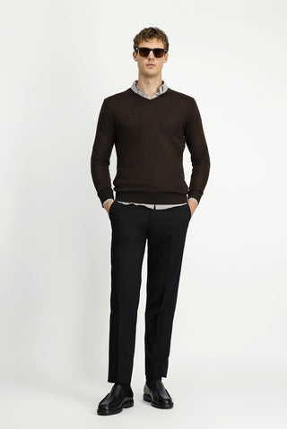  Koyu Kahve Melanj V Yaka Regular Fit S?cak Tutan Yünlü Triko Kazak-Ki??l?