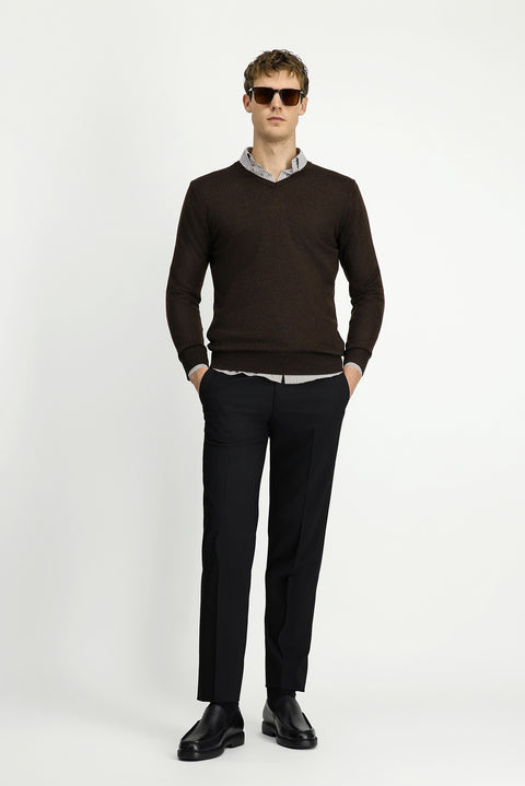 Koyu Kahve Melanj V Yaka Regular Fit Sıcak Tutan Yünlü Triko Kazak