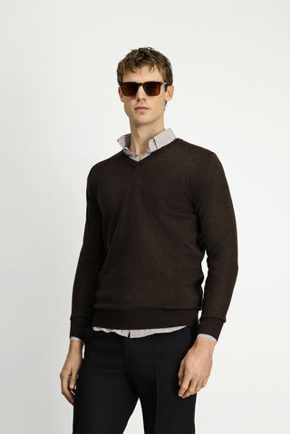  Koyu Kahve Melanj V Yaka Regular Fit S?cak Tutan Yünlü Triko Kazak-Ki??l?