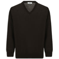 Koyu Kahve Melanj V Yaka Regular Fit Yünlü Örme Triko Kazak