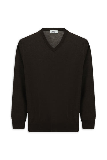 Koyu Kahve Melanj V Yaka Regular Fit Yünlü Örme Triko Kazak