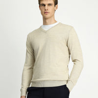 Açık Bej V Yaka Regular Fit Sıcak Tutan Yünlü Triko Kazak