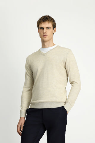  Açık Bej V Yaka Regular Fit Sıcak Tutan Yünlü Triko Kazak
