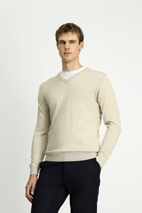 Açık Bej V Yaka Regular Fit Sıcak Tutan Yünlü Triko Kazak