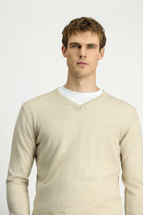 Açık Bej V Yaka Regular Fit Sıcak Tutan Yünlü Triko Kazak