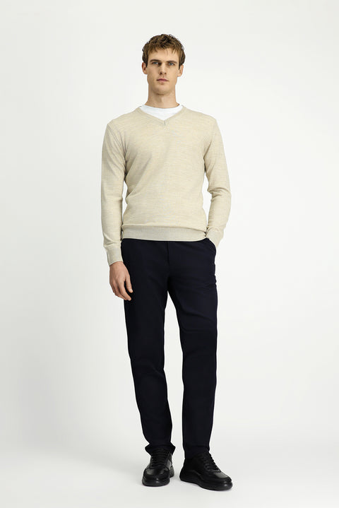 Açık Bej V Yaka Regular Fit Sıcak Tutan Yünlü Triko Kazak