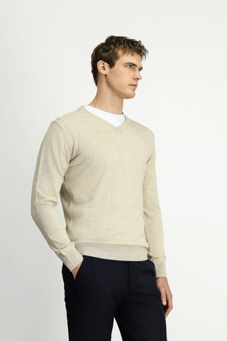  Açık Bej V Yaka Regular Fit Sıcak Tutan Yünlü Triko Kazak