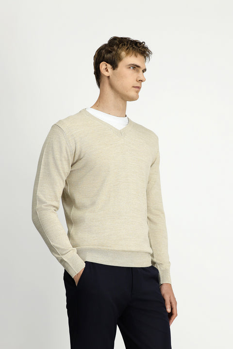 Açık Bej V Yaka Regular Fit Sıcak Tutan Yünlü Triko Kazak