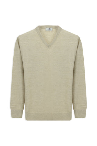  Açık Bej V Yaka Regular Fit Yünlü Örme Triko Kazak