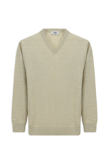  Açık Bej V Yaka Regular Fit Yünlü Örme Triko Kazak