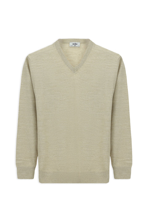 Açık Bej V Yaka Regular Fit Sıcak Tutan Yünlü Triko Kazak