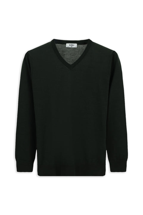 Military Khaki V-Neck Regular Fit Warm Wool Knit Sweater