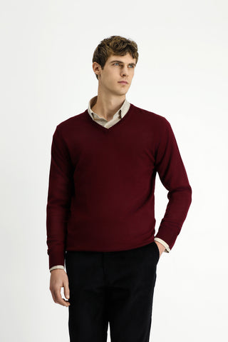  Koyu Bordo V Yaka Regular Fit Yünlü Triko Kazak