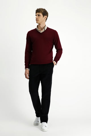  Koyu Bordo V Yaka Regular Fit Yünlü Triko Kazak