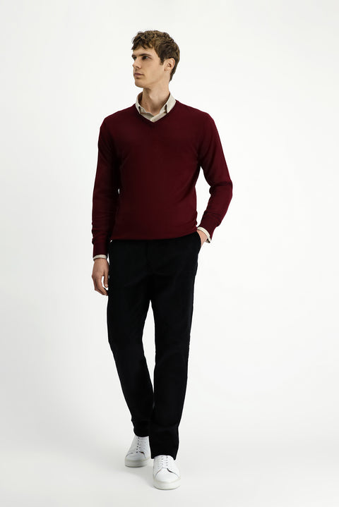 Koyu Bordo V Yaka Regular Fit Sıcak Tutan Yünlü Triko Kazak