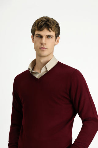  Koyu Bordo V Yaka Regular Fit Yünlü Triko Kazak