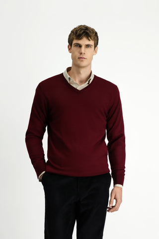  Koyu Bordo V Yaka Regular Fit Yünlü Triko Kazak