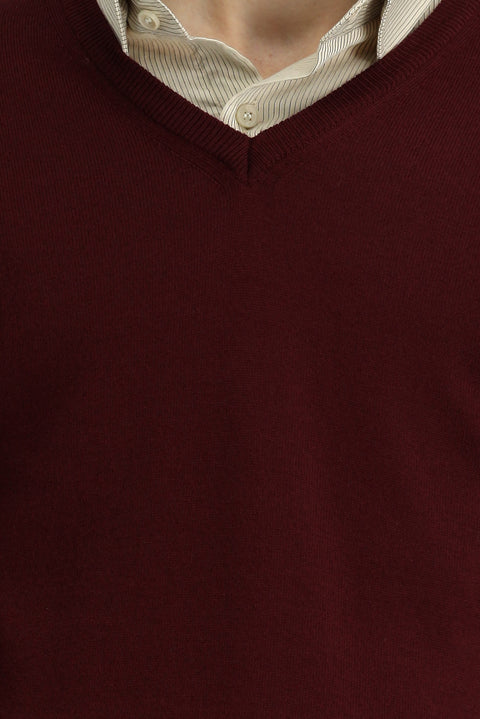 Koyu Bordo V Yaka Regular Fit Sıcak Tutan Yünlü Triko Kazak