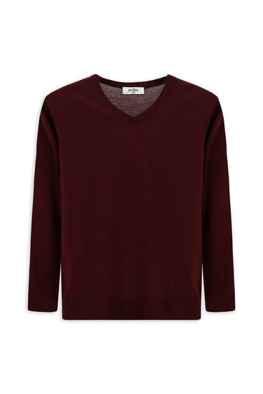Koyu Bordo V Yaka Regular Fit Yünlü Triko Kazak
