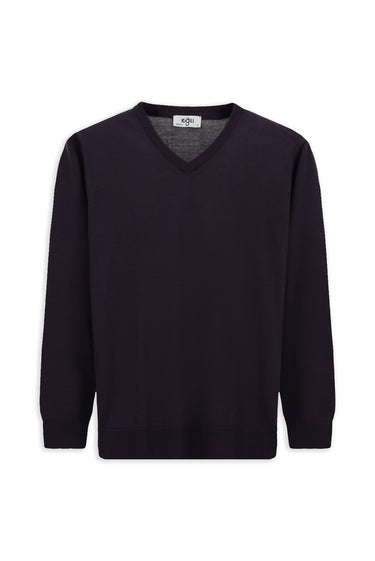 Koyu Mor V Yaka Regular Fit Yünlü Örme Triko Kazak