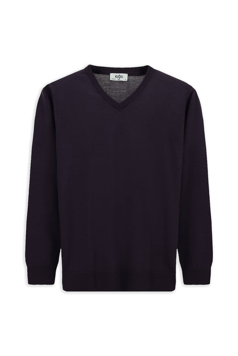 Koyu Mor V Yaka Regular Fit Sıcak Tutan Yünlü Triko Kazak