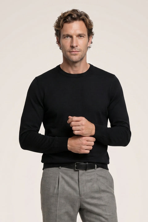 Black Crew Neck Regular Fit Knitted Sweater
