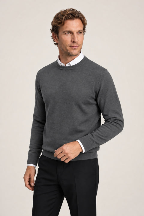 Medium Anthracite Mélange Crew Neck Regular Fit Knit Sweater