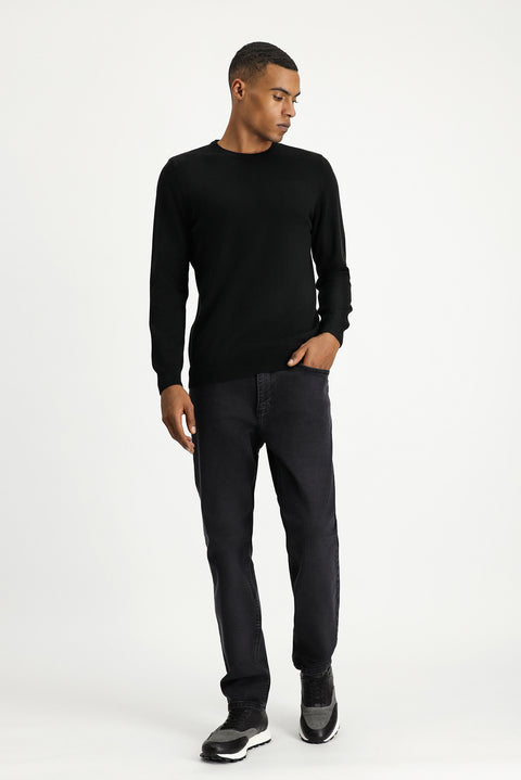 Siyah Bisiklet Yaka Regular Fit Pamuklu Triko Kazak