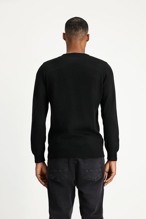 Siyah Bisiklet Yaka Regular Fit Pamuklu Triko Kazak