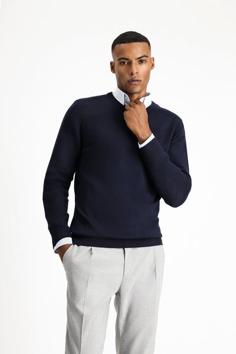 Koyu Lacivert Bisiklet Yaka Regular Fit Pamuklu Triko Kazak