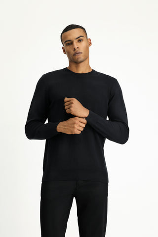  Siyah Bisiklet Yaka Regular Fit Pamuklu Kaşmirli Triko Kazak