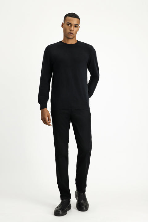 Siyah Bisiklet Yaka Regular Fit Pamuklu Kaşmirli Triko Kazak