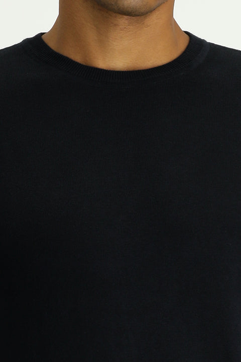 Siyah Bisiklet Yaka Regular Fit Pamuklu Kaşmirli Triko Kazak