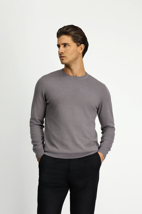 Orta Gri Melanj Bisiklet Yaka Regular Fit Pamuklu Kaşmirli Triko Kazak