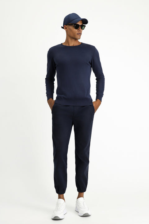 Koyu Lacivert Bisiklet Yaka Regular Fit Pamuklu Kaşmirli Triko Kazak