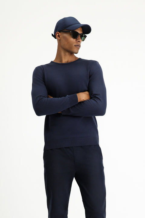 Koyu Lacivert Bisiklet Yaka Regular Fit Pamuklu Kaşmirli Triko Kazak