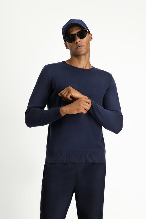 Koyu Lacivert Bisiklet Yaka Regular Fit Pamuklu Kaşmirli Triko Kazak