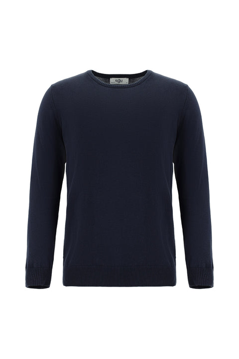 Koyu Lacivert Bisiklet Yaka Regular Fit Pamuklu Kaşmirli Triko Kazak